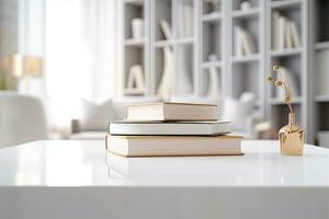 Close - up Modern white table top with free space to edit your product display with books above the living room blurred in the background. Generative AI photo