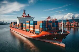 Goods import, export trade, logistics and international transportation by containers, cargo ships in the open sea, ocean cargo. Generative AI photo