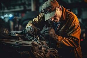 Close-up of mechanic hands repairing car engine in auto repair shop. Generative AI photo