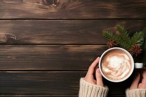 Female hands holding a cup of hot chocolate with cocoa powder on wooden background. Generative AI photo