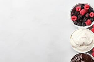 Ice cream with fresh berries in glass bowl on white background, top view. Generative AI photo