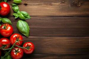 Fresh tomatoes and basil on a wooden table. Top view with copy space. Generative AI photo