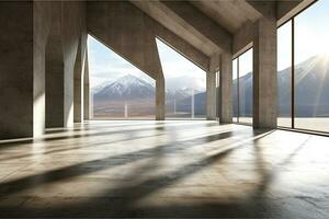 architecture empty room with window and mountain background with sunlight. Generative AI photo