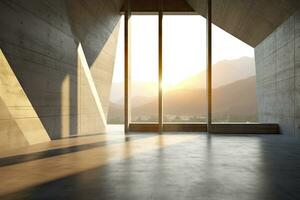 architecture empty room with window and mountain background with sunlight. Generative AI photo