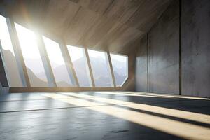 arquitectura vacío habitación con ventana y montaña antecedentes con luz de sol. generativo ai foto