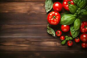 Fresh tomatoes and basil on a wooden table. Top view with copy space. Generative AI photo