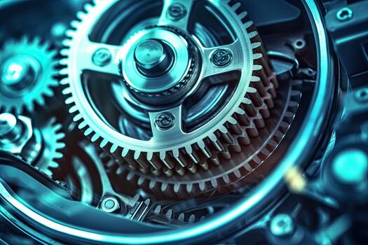 Gear wheels, close-up view. Mechanism and engineering concept. Generative AI photo