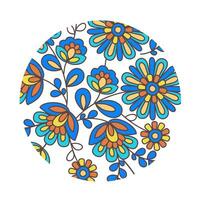 Slavic floral vector ornament in a circle. Bright blue and yellow flowers on white background