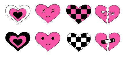 Collection hearts in emo style. Y2k. Black and pink set. Chessboard print. Broken heart with pin and patch. Vector flat illustration.