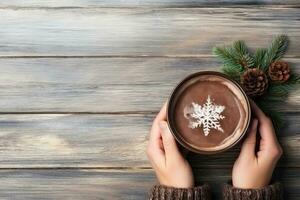 Female hands holding a cup of hot chocolate with cocoa powder on wooden background. Generative AI photo