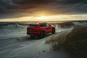 luxury car on sand dunes. Generative AI photo