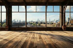 Interior of modern loft with wooden floor and panoramic city view. Generative AI photo