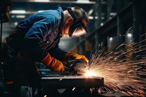 Industrial worker wearing protective clothing and mask welding metal in factory. Generative AI photo