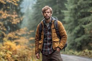 Handsome bearded man with backpack in the autumn forest. Travel and adventure concept. photo