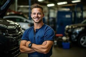 Technician, male auto mechanic in coverall in modern auto repair shop, garage. Generative AI photo