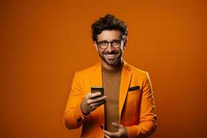 bearded man in yellow jacket using mobile phone on orange background. Generative AI photo