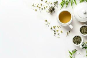 Green tea in a white teapot and cups on white background top view with copy space. Generative AI photo