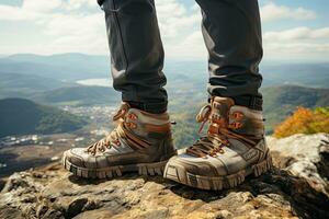 close view the legs of a young man standing on a hill. Generative AI photo