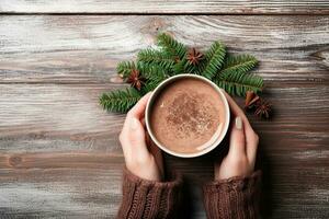 Female hands holding a cup of hot chocolate with cocoa powder on wooden background. Generative AI photo