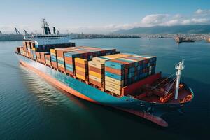 Goods import, export trade, logistics and international transportation by containers, cargo ships in the open sea, ocean cargo. Generative AI photo