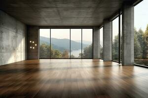 Empty room with panoramic window and mountain view. Generative AI photo