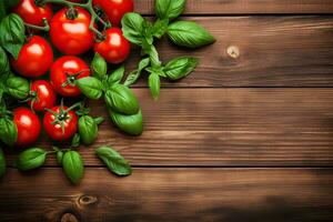 Fresh tomatoes and basil on a wooden table. Top view with copy space. Generative AI photo