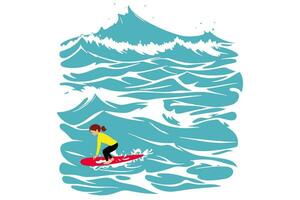 Surfing on a wave in the ocean. Surf rider on big waves. Surfer vector illustration design for t shirt print or club banner.