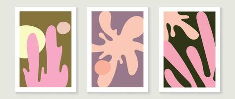 Set of abstract wall art vector background. Wall decor design with earth tone color, organic shapes, flower, coral, leaves. Abstract painting for wall decoration, interior, print, cover, and postcard.
