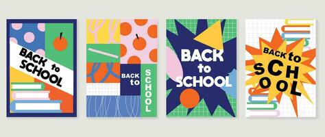 Welcome back to school cover background vector set. Cute childhood illustration with book, geometric shapes, fruit, line. Back to school collection for prints, education, banner, college.