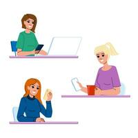 technology woman using phone table vector