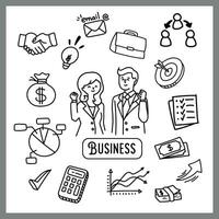 vector conjunto de negocios elementos en mano dibujado estilo, negocio garabatos con diagramas, humanos y ideas bombillas