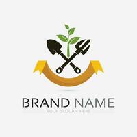 Gardening logo with shovel icon and tree with green leaves logo template. vector