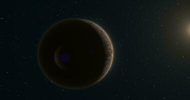 Abstract realistic space spinning planet round sphere with a relief stone surface in space against the background of stars and the sun photo