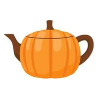 A teapot in the shape of a pumpkin. Pumpkin shaped ceramic teapot with handle and lid. Illustrated vector element.