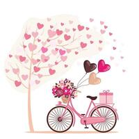 bicycle with balloons under a flowering tree. Vector clipart.