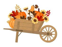 Pumpkin harvest on a wooden cart. Illustrated vector element.