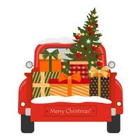 Red car with a Christmas tree and presents in the trunk. Red truck with Christmas presents in the back. Illustrated vector element.