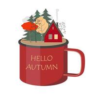 Enameled red mug with autumn landscape and greeting HELLO AUTUMN. vector