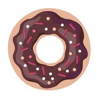 Donut with chocolate glaze and sprinkles on a white background. Top view, vector. vector