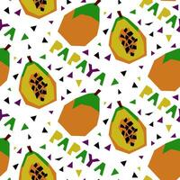 A pattern with an abstract image of papaya and a name in the form of geometric shapes. Colorful textile print in tropical style. Packaging for products with a certain taste. Stylized flat vector