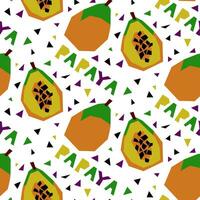 A pattern with an abstract image of papaya and a name in the form of geometric shapes. Colorful textile print in tropical style. Packaging for products with a certain taste. Stylized flat vector