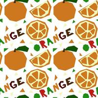 A pattern with an abstract image of an orange and a name in the form of geometric shapes. Colorful textile print in tropical style. Packaging for products with a certain taste. Stylized flat vector
