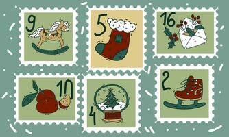 A set of cute hand-drawn postage stamps with Christmas and New Year attributes, a sock, a letter, tangerines, a snow globe, skates and numbers. Fashionable vector illustrations in cartoon style