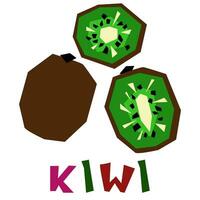 Brown Kiwi, whole and in section, is highlighted on a white background. The original signature is kiwi. Juicy summer fruits for organic food packaging. Geometric stylized flat vector illustration