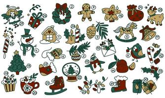 A large color set of items to create a Christmas and New Year mood in retro style. Vector illustrations drawn by hand. Drawings of Christmas accessories, food, comfort items. Winter theme on a white