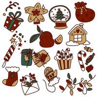 A set of colored objects for the Christmas mood in retro style. Vector illustrations drawn by hand. Drawings of Christmas accessories, food, comfort items. Elements with a red outline on white