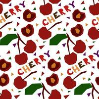 A pattern with an abstract image of a cherry and a name in the form of geometric shapes. Colorful textile print in tropical style. Packaging for products with a certain taste. Stylized flat vector