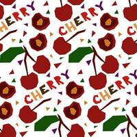 A pattern with an abstract image of a cherry and a name in the form of geometric shapes. Colorful textile print in tropical style. Packaging for products with a certain taste. Stylized flat vector