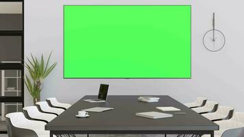 Conference room with blank green TV screen. Monitor mock up with Chroma Key. Business meeting room with empty LCD screen for presentation, advertising. Modern office. Copy space. 3d animation. video