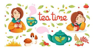 Set of cute and cozy design elements, Autumn concept. Character of a girl with a hot drink in her hands, tea and teapot. Tea time lettering. Isolated elements for your Autumn design. vector